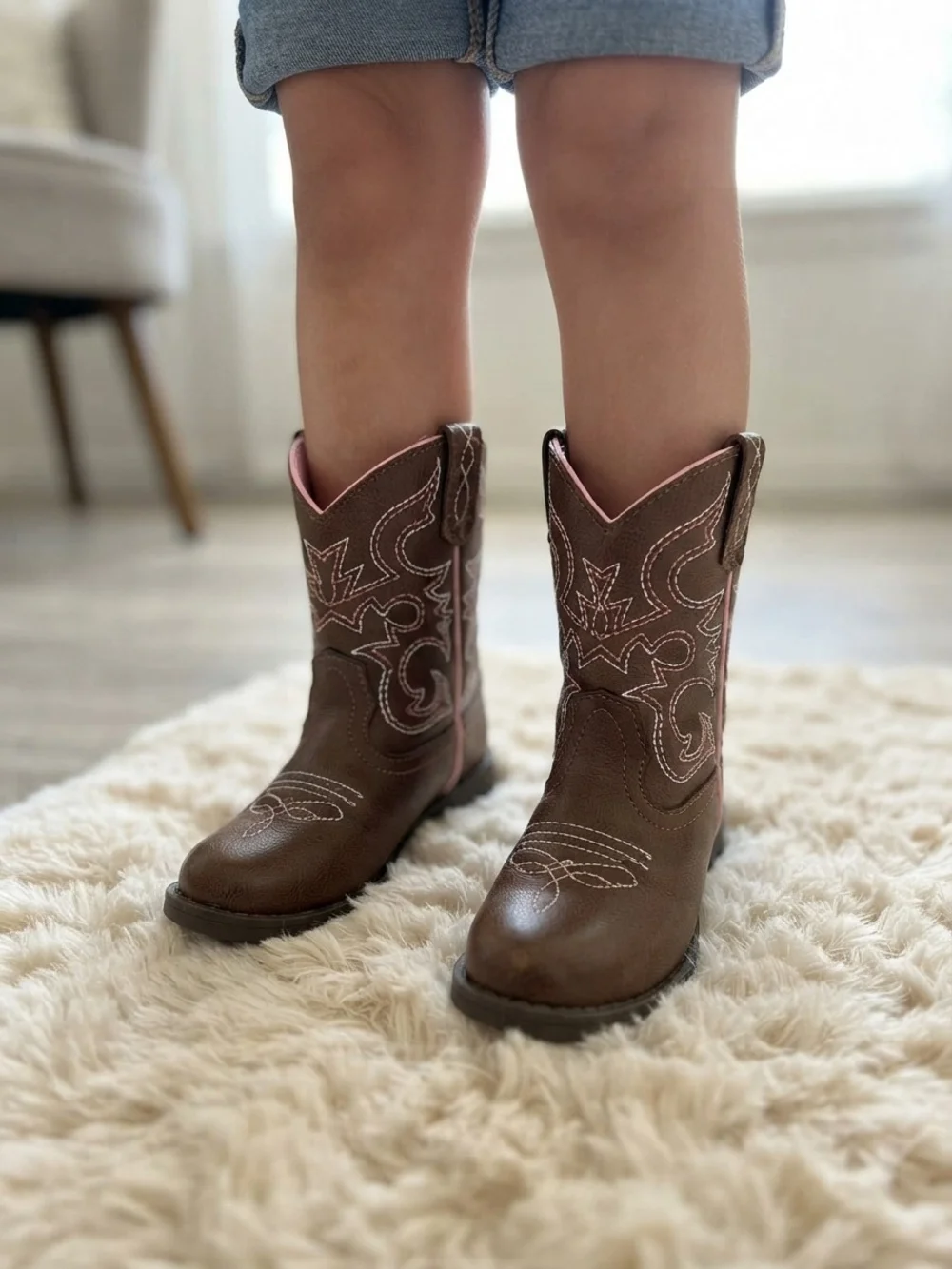 wonder nation Brown Girls' Cowboy Boots with Pink Trim Very Good